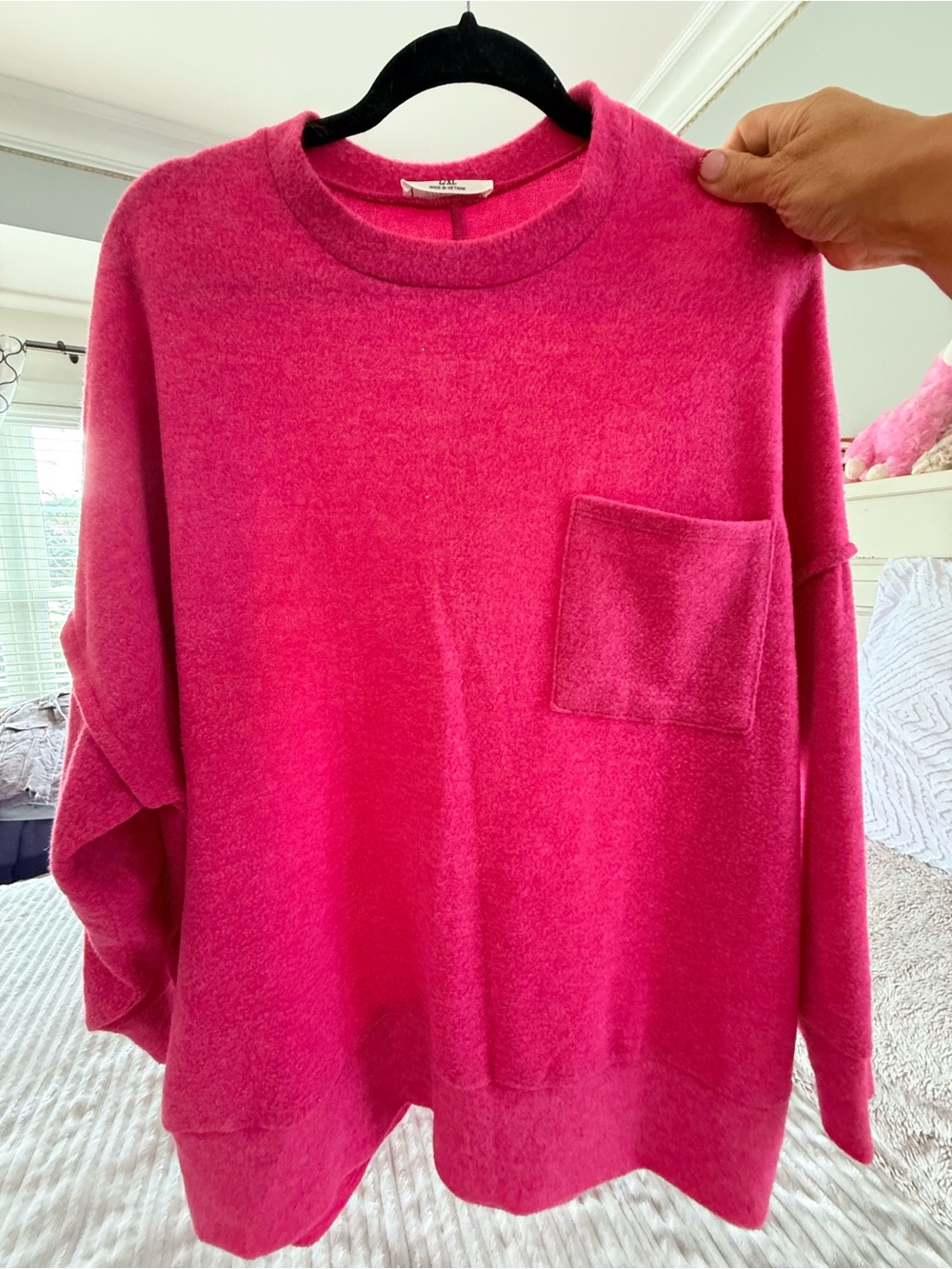 Zenana Outfitters Hot Pink Crewneck Sweater with Chest Pocket